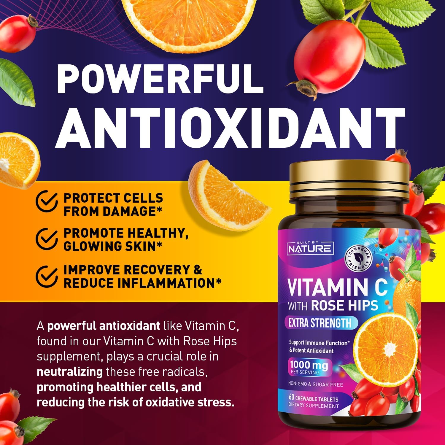 Built by Nature Chewable Vitamin C with Rose Hips – 1000mg Immune Support – Orange Flavour – 60 Tablets - görsel 3