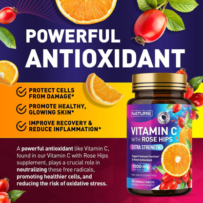Built by Nature Chewable Vitamin C with Rose Hips – 1000mg Immune Support – Orange Flavour – 60 Tablets