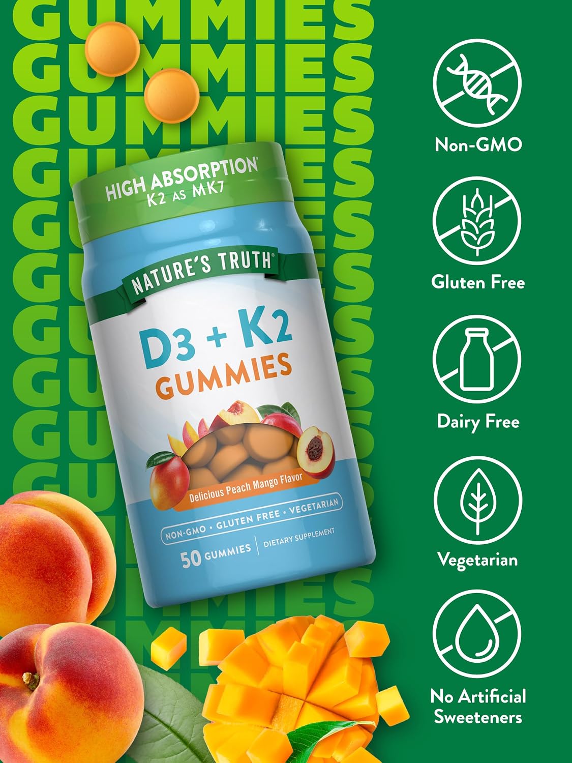 Nature's Truth Vitamin D3 + K2 Gummies, 50 Count, Peach Mango Flavour, Vegetarian, Non-GMO & Gluten-free - görsel 3