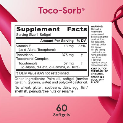 Jarrow Formulae Toco-Sorb – Tocotrienol-Tocopherol Complex with Vitamin E, 60 Soft Gels