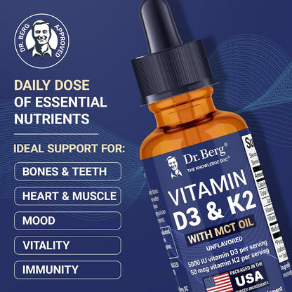 Dr. Berg Maximum Strength Vitamin D3 K2 Liquid Drops with MCT Oil - 5,000 IU D3 + 50 mcg K2 MK-7 - Unflavoured, 30 ml
