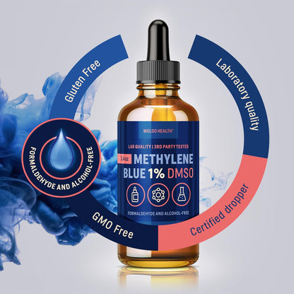 WoldoHealth DMSO 10% with Methylene Blue 1% - 3.4oz Amber Glass Bottle with Precision Dropper