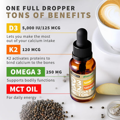 Organic Vitamin D3 K2 Drops with MCT Oil & Omega-3 - Liquid Vitamin D3 5000 IU, K2, Non-GM, Cappuccino (2 Pack)
