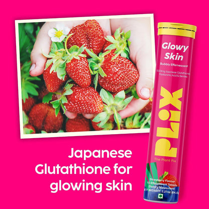 PLIX Glowy Skin 500mg Glutathione Supplement with Hyaluronic Acid, Vitamin E & Berries | 90 Effervescent Tablets, Strawberry Flavour