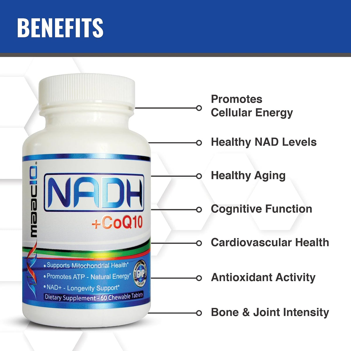 MAAC10 NADH + CoQ10 Supplement - Chewable Tablets, 50mg PANMOL® NADH + 100mg CoQ10, for Energy and Mental Focus - görsel 4