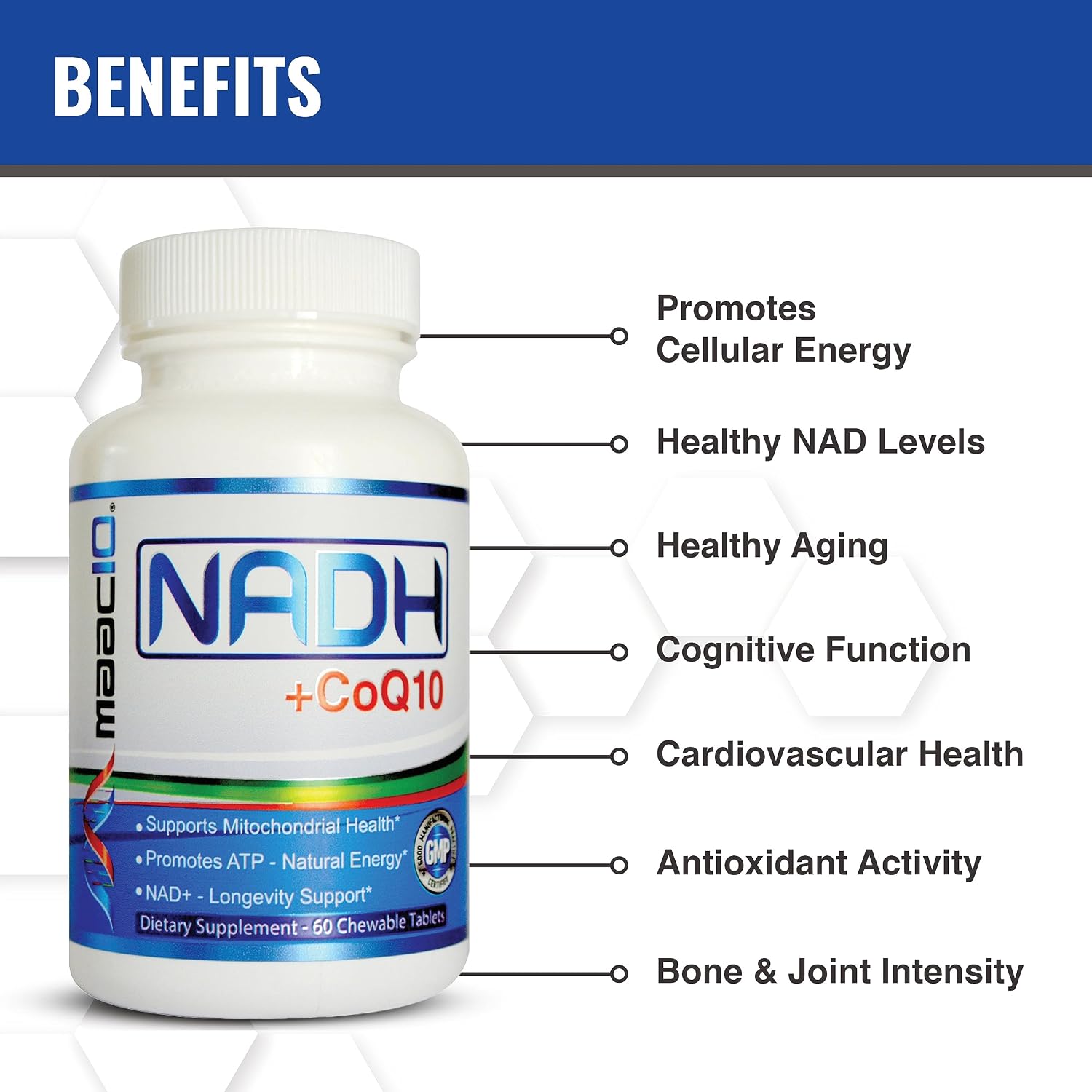 MAAC10 NADH + CoQ10 Supplement - Chewable Tablets, 50mg PANMOL® NADH + 100mg CoQ10, for Energy and Mental Focus - görsel 4