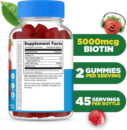 Lifeable Sugar Free Kids Biotin Gummies | 5000 mcg | Great Taste Biotin Supplement for Hair, Skin and Nail Health | Hair Vitamins for Kids, Boys and Girls | 90 Gummies