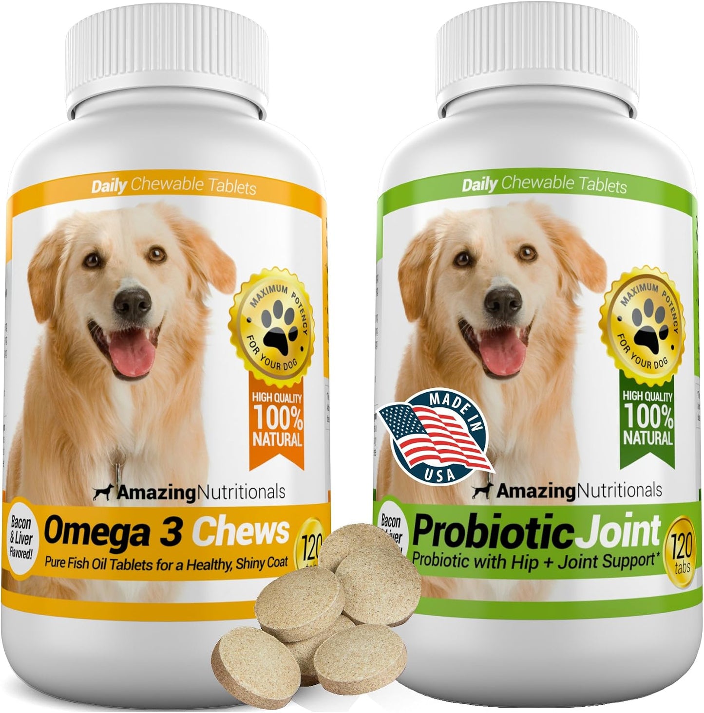 Amazing Omega-3 Fish Oil and Probiotics Combo for Dogs - 120 Tasty Chews Each (Pack of 2) - görsel 1