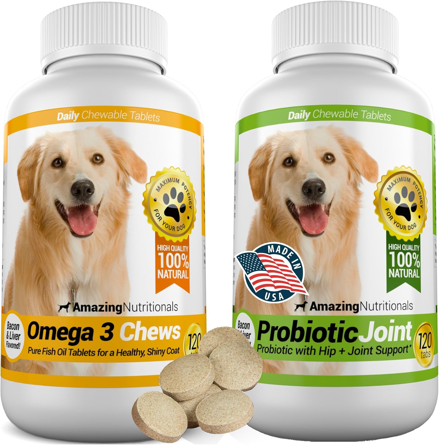 Amazing Omega-3 Fish Oil and Probiotics Combo for Dogs - 120 Tasty Chews Each (Pack of 2) - görsel 1