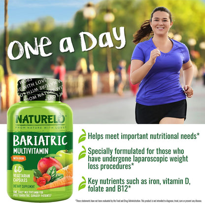 NATURELO Bariatric Multivitamin - One Daily with Iron - Post-Bariatric Surgery Supplement - Natural Whole Food Nutrition - 60 Veggie Capsules