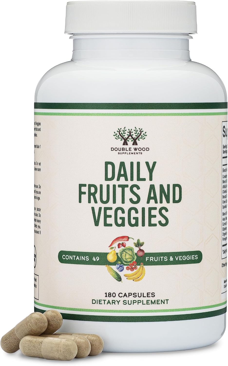 Fruits and Veggies Supplement (Daily Blend of 49 Different Fruits and Vegetables, 23 Veggies and 29 Fruits) 1,500mg Servings, 180 Capsules (No Fillers, Vegan Safe, Non-GMO) by Double Wood - görsel 5