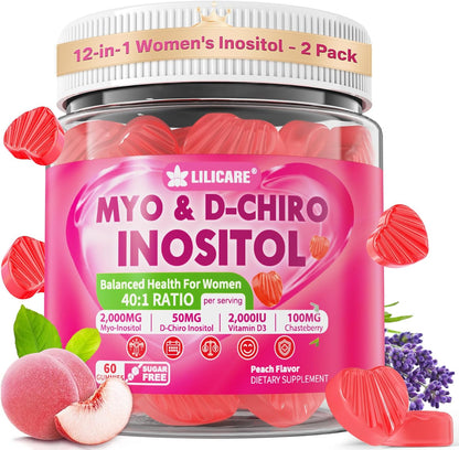 LILICARE Inositol Gummies for Women – 2000mg Myo-Inositol & 50mg D-Chiro Inositol 40:1 Ratio with Chasteberry, Methylated B12, Folate, Magnesium, Vitamin D3 – Sugar-Free, Vegan, Pack of 2 (120 Gummies)