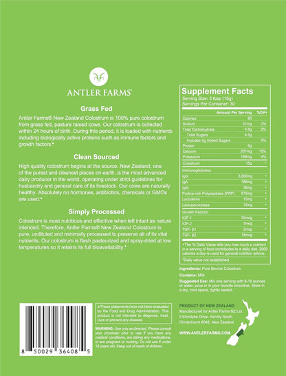 Antler Farms 100% Pure New Zealand Colostrum - Grass Fed, Pasture Raised - 454 g (30 Servings)