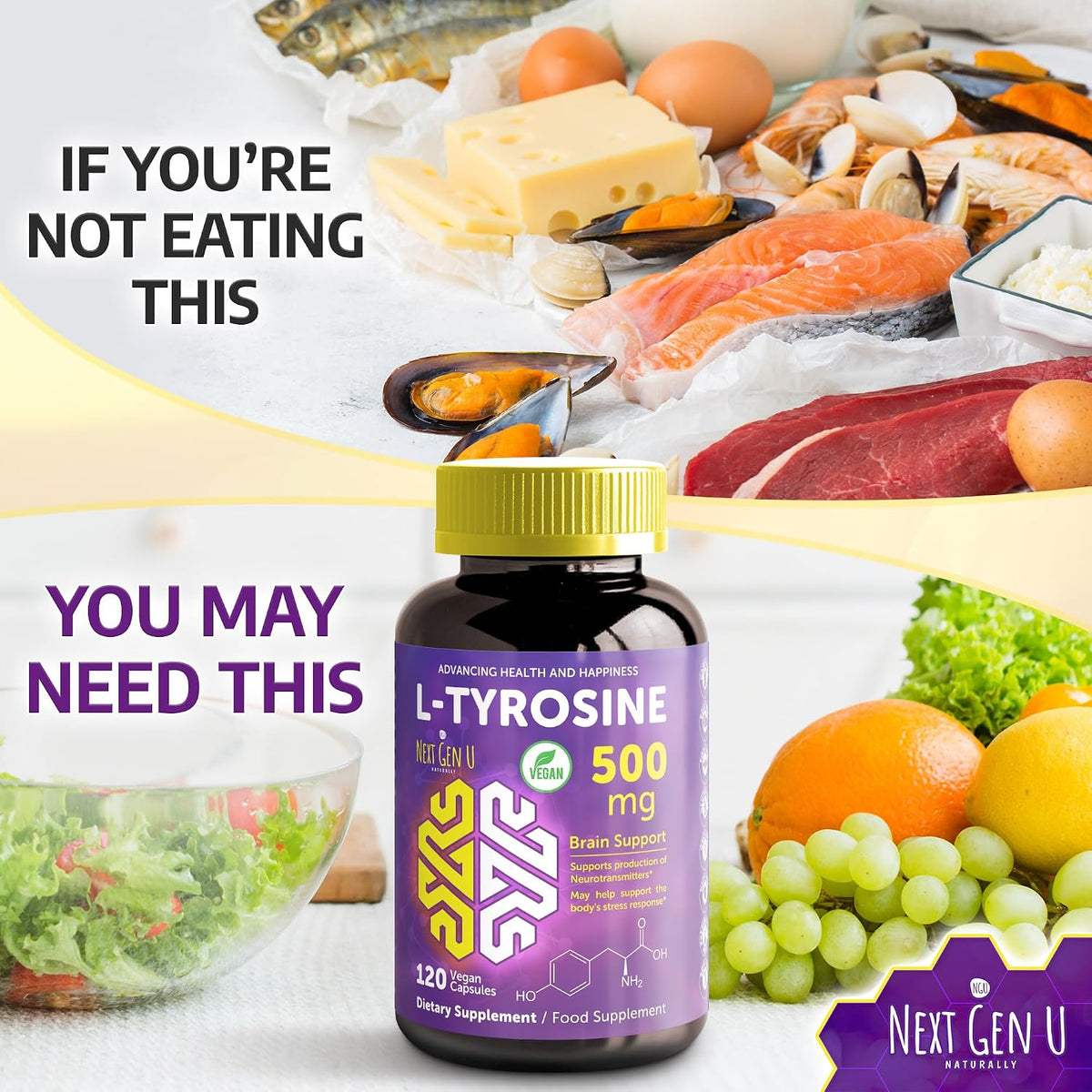 L-Tyrosine 500 mg, 120 Vegan Capsules - Mood and Brain Support by NextGenU - görsel 4