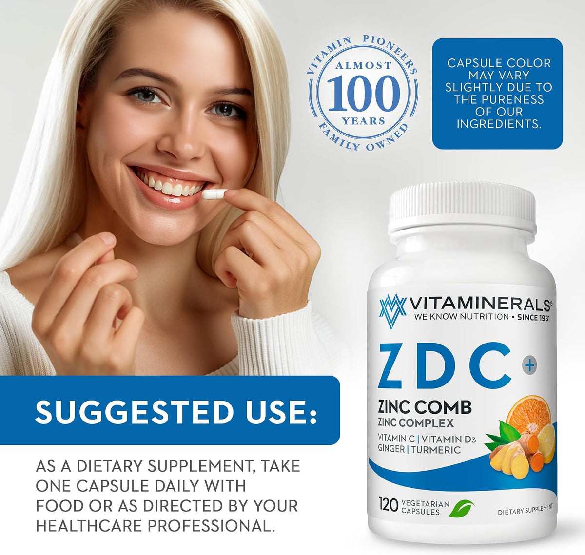 Vitaminerals Z D C - Zinc, Vitamin D3 & C Complex - 120 Vegetarian Capsules - görsel 6