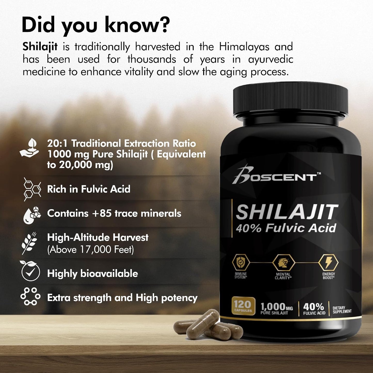 BOSCENT Shilajit Capsules 20,000mg – Pure Himalayan Shilajit with Fulvic Acid & 85+ Trace Minerals – 120 Vegan Capsules - görsel 5