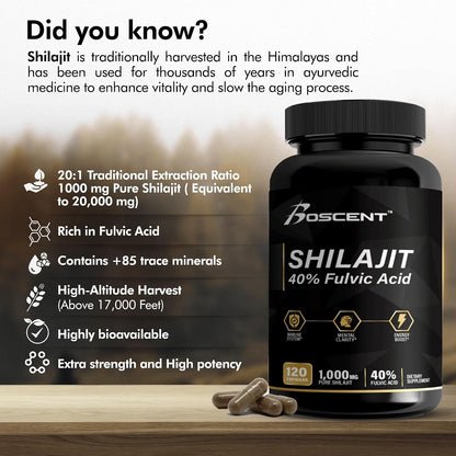BOSCENT Shilajit Capsules 20,000mg – Pure Himalayan Shilajit with Fulvic Acid & 85+ Trace Minerals – 120 Vegan Capsules