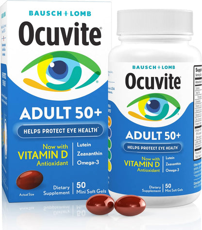 Ocuvite 50+ Eye Vitamin and Mineral Supplement, Multivitamin for Vision and Ocular Health with Omega-3, Zinc, Vitamins C and E, Lutein and Zeaxanthin, for Women and Men, 50 Softgels