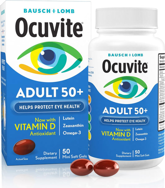 Ocuvite 50+ Eye Vitamin and Mineral Supplement, Multivitamin for Vision and Ocular Health with Omega-3, Zinc, Vitamins C and E, Lutein and Zeaxanthin, for Women and Men, 50 Softgels
