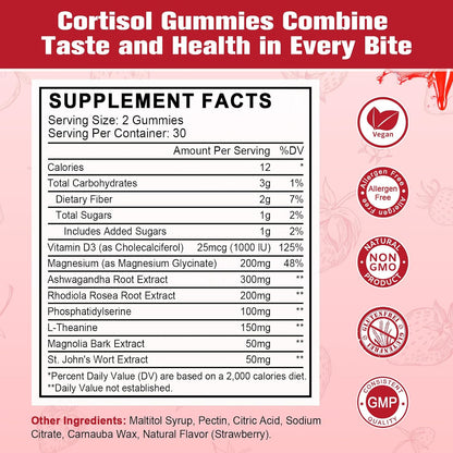 Cortisol Gummies for Women with Ashwagandha, Rhodiola Rosea, L-Theanine, Magnesium, Vitamin D3 for Sleep Support, Balanced Cortisol, Vegan, 60 Gummies