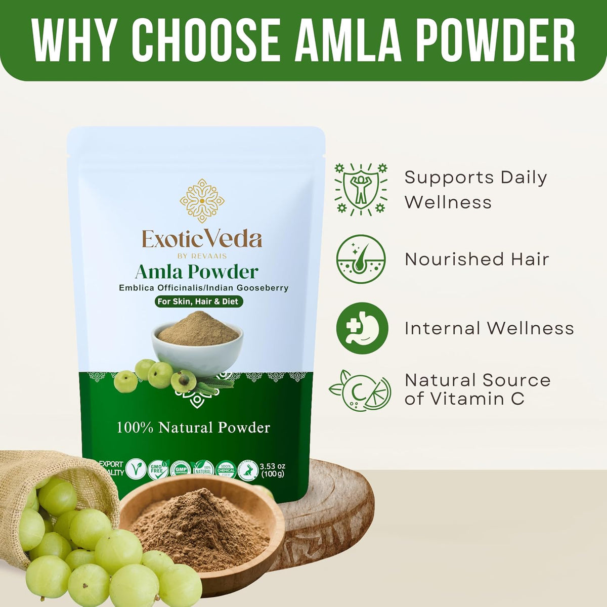 Exotic Veda Amla Powder - 100% Pure Indian Gooseberry, Ayurvedic Supplement, Non-GMO, 100g - görsel 9
