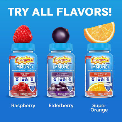 Emergen-C Immune+ Triple Action Immune Support Gummies with BetaVia, 750mg Vitamin C, B Vitamins, Vitamin D and Antioxidants, Super Orange Flavour – 45 Gummies