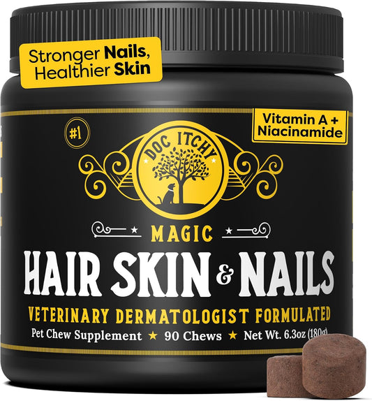 DocItchy Medical-Strength Hair Skin & Nails Dog Supplement – Vitamin A, Niacinamide, EPA Omega 3 – 90 Chews