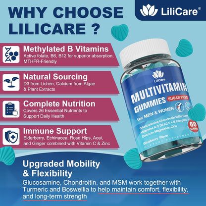 LILICARE Men's & Women's Sugar Free Methylated Multivitamin 50 Plus with Glucosamine Chondroitin MSM, Iron Free Gummies for Seniors with Multi Vitamin D3 K2 & A C E, B Complex - 60 Count (Pack of 1)
