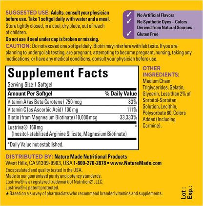 Nature Made Hair Growth Soft gel capsules – With Clinically Studied Lustriva, Biotin, Vitamin C & A, 30 Soft gel capsules