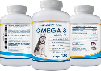 Omega 3 Fish Oil for Dogs – Natural Pet Supplement for Shiny Coat, Wild Caught, 180 Capsules