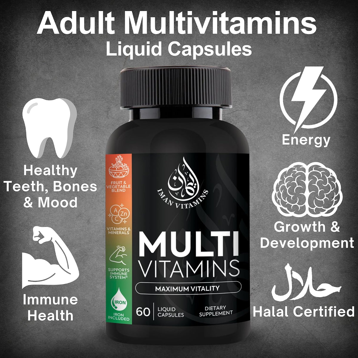Halal Complete Multivitamin Capsules for Adults Men & Women | 42 Fruit & Vegetable Blend with Iron, Zinc, CoQ10, Folic Acid, and Vitamin A, B1, B3, B6, B12, C, D3, E | 60 Capsules - görsel 2