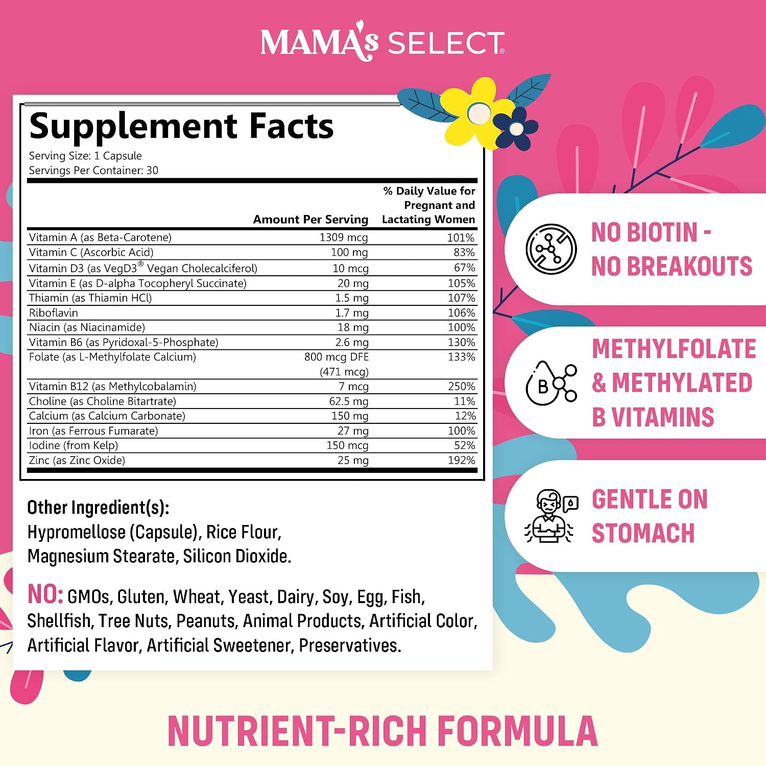 Mama's Select Prenatal Vitamins for Women – Allergen-Free, MTHFR Friendly, Methylated Folate & B Vitamins, Easy to Digest, Supports Maternal & Foetal Health, Once Daily, Vegan, No Biotin - görsel 2