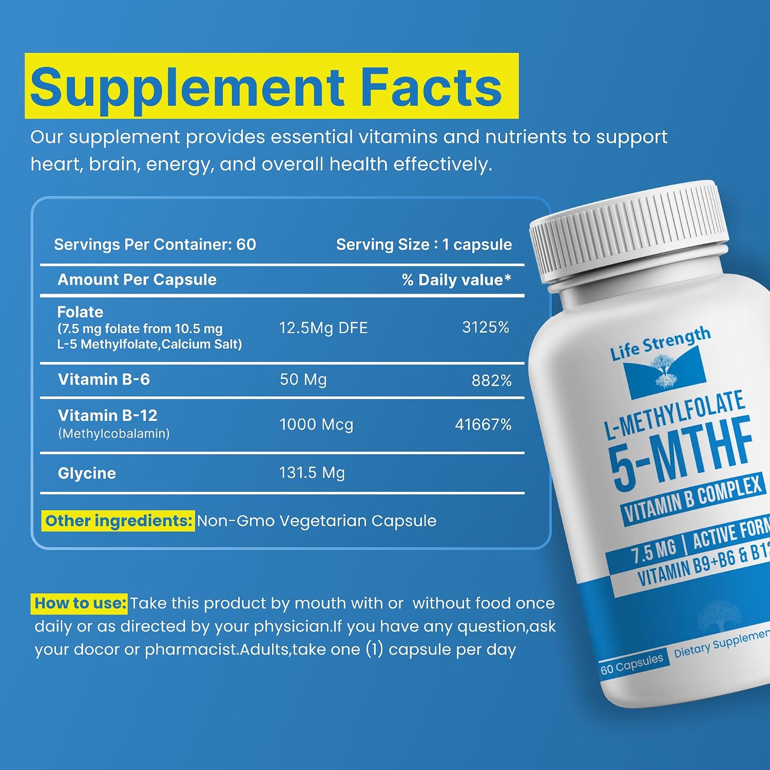 L-Methylfolate 7.5mg + Vitamin B Complex - 5-MTHF, B6 & B12 Methylcobalamin - 60 Capsules - Professional Strength Active Methyl Folate - görsel 3