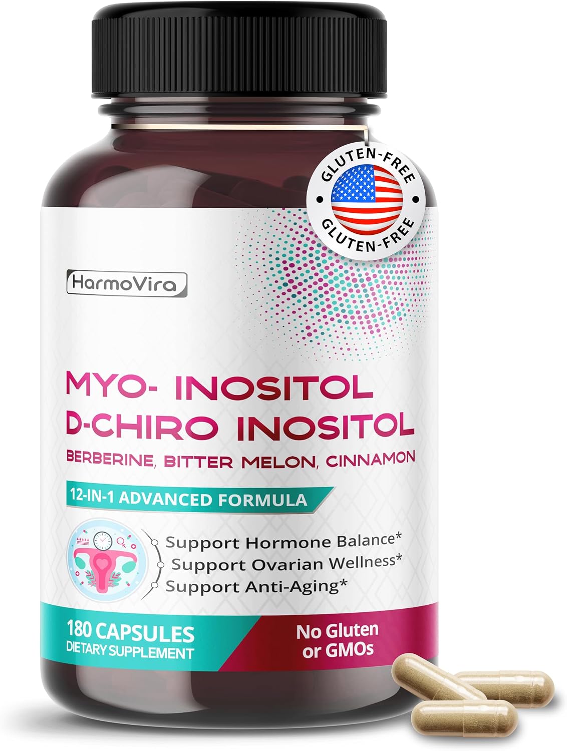 Myo-Inositol + D-Chiro Inositol Supplement – 12-in-1 Formula with Berberine, Cinnamon, Bitter Melon – 180 Capsules – Non-GM, Gluten-free - görsel 1