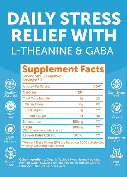 Lunakai Calm & Stress Relief Gummies – GABA + L-Theanine Supplement for Adults & Children – 60 Gummies