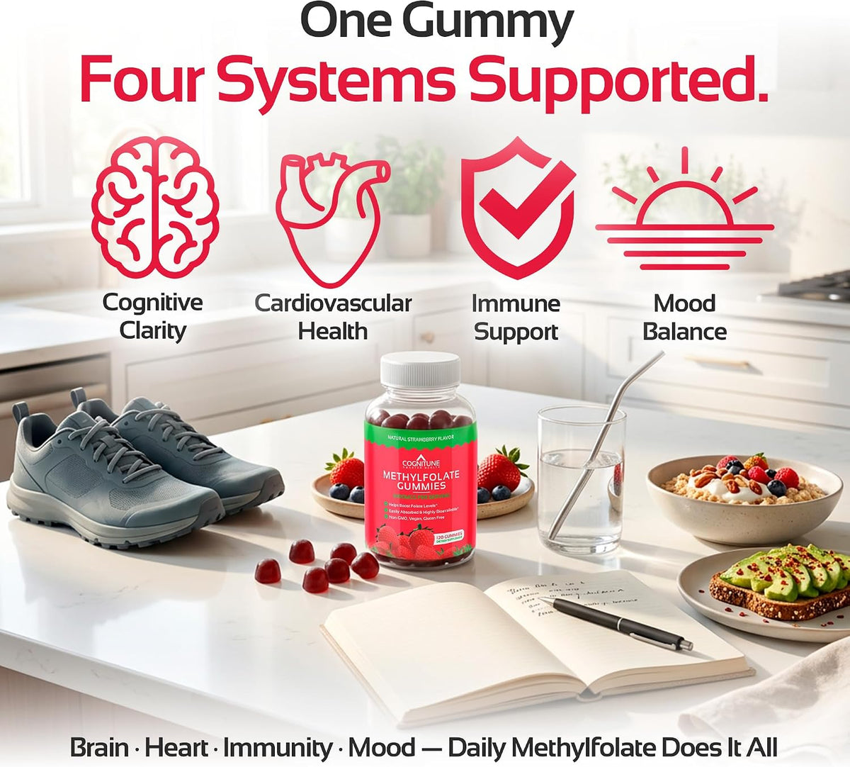 CogniTune Methylfolate Gummies - L-Methylfolate 1000mcg 5-MTHF Folate Supplement for Kids and Adults - Strawberry Chewable Vitamin B9 - Non-GMO Vegan - 60 Gummies - görsel 6