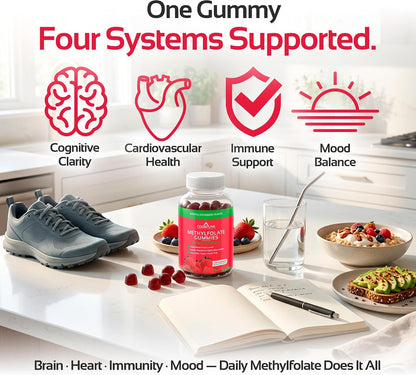 CogniTune Methylfolate Gummies - L-Methylfolate 1000mcg 5-MTHF Folate Supplement for Kids and Adults - Strawberry Chewable Vitamin B9 - Non-GMO Vegan - 60 Gummies