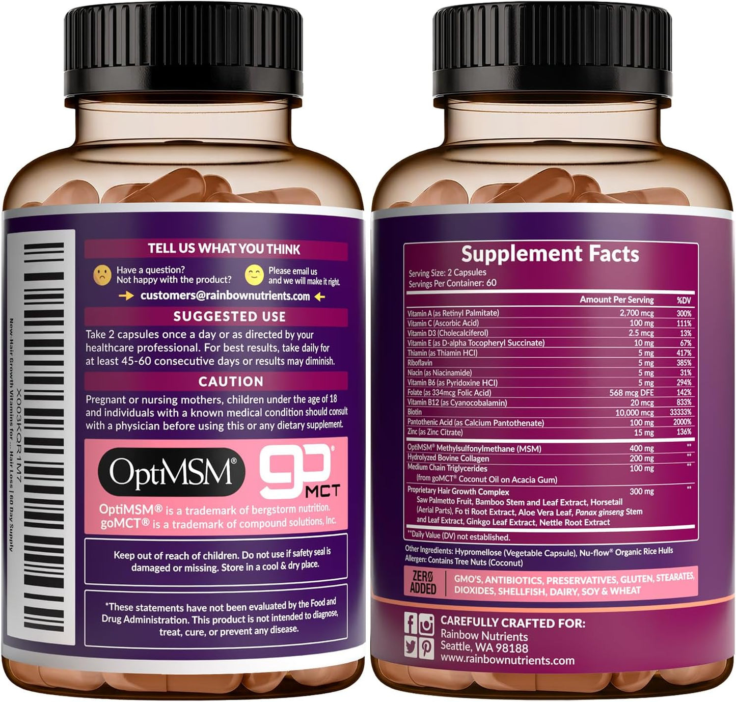 Rainbow Nutrients Hair Growth Vitamins for Women | Biotin 10,000mcg, Collagen, OptiMSM, Saw Palmetto | 60-Day Supply - görsel 8