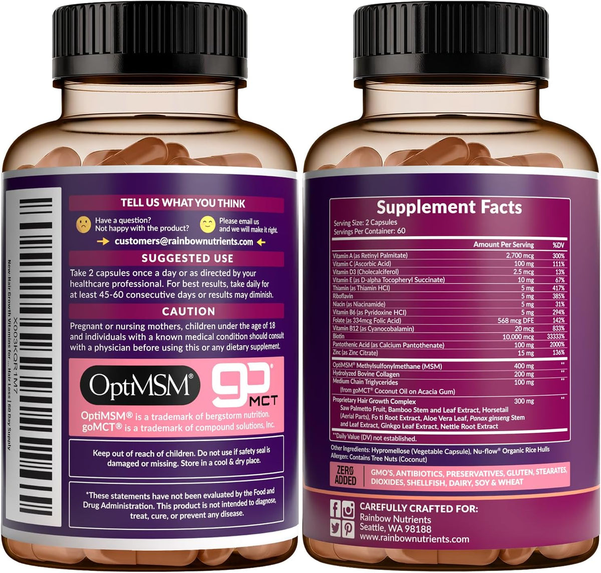 Rainbow Nutrients Hair Growth Vitamins for Women | Biotin 10,000mcg, Collagen, OptiMSM, Saw Palmetto | 60-Day Supply - görsel 8