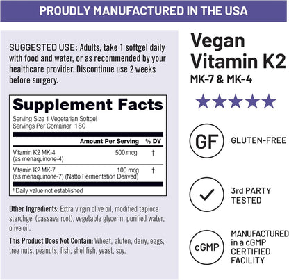 NatureWise Vitamin K2 600mcg Supplement with MK-7 100mcg & MK-4 500mcg - Enhanced Bioavailable Formula - K Complex for Bone Maintenance and Normal Blood Clotting - Vegan, Gluten-free, Non-GMO - 180 Soft gel capsules (6-Month Supply)