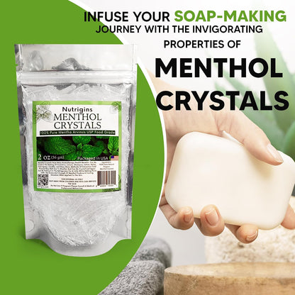 Nutrigins Menthol Crystals 2 oz - Pure Organic 100% Natural Menthol Crystals from Mint (Mentha Arvensis) - Resealable Stand-Up Pouch