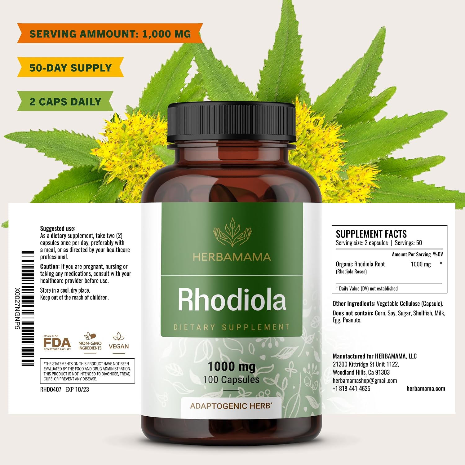 HERBAMAMA Rhodiola Rosea Supplement – Rhodiola Rosea Capsules for Stress Relief & Mental Focus Support – 100 Vegan Capsules (50 Servings) - görsel 9