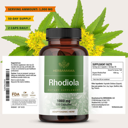 HERBAMAMA Rhodiola Rosea Supplement – Rhodiola Rosea Capsules for Stress Relief & Mental Focus Support – 100 Vegan Capsules (50 Servings)