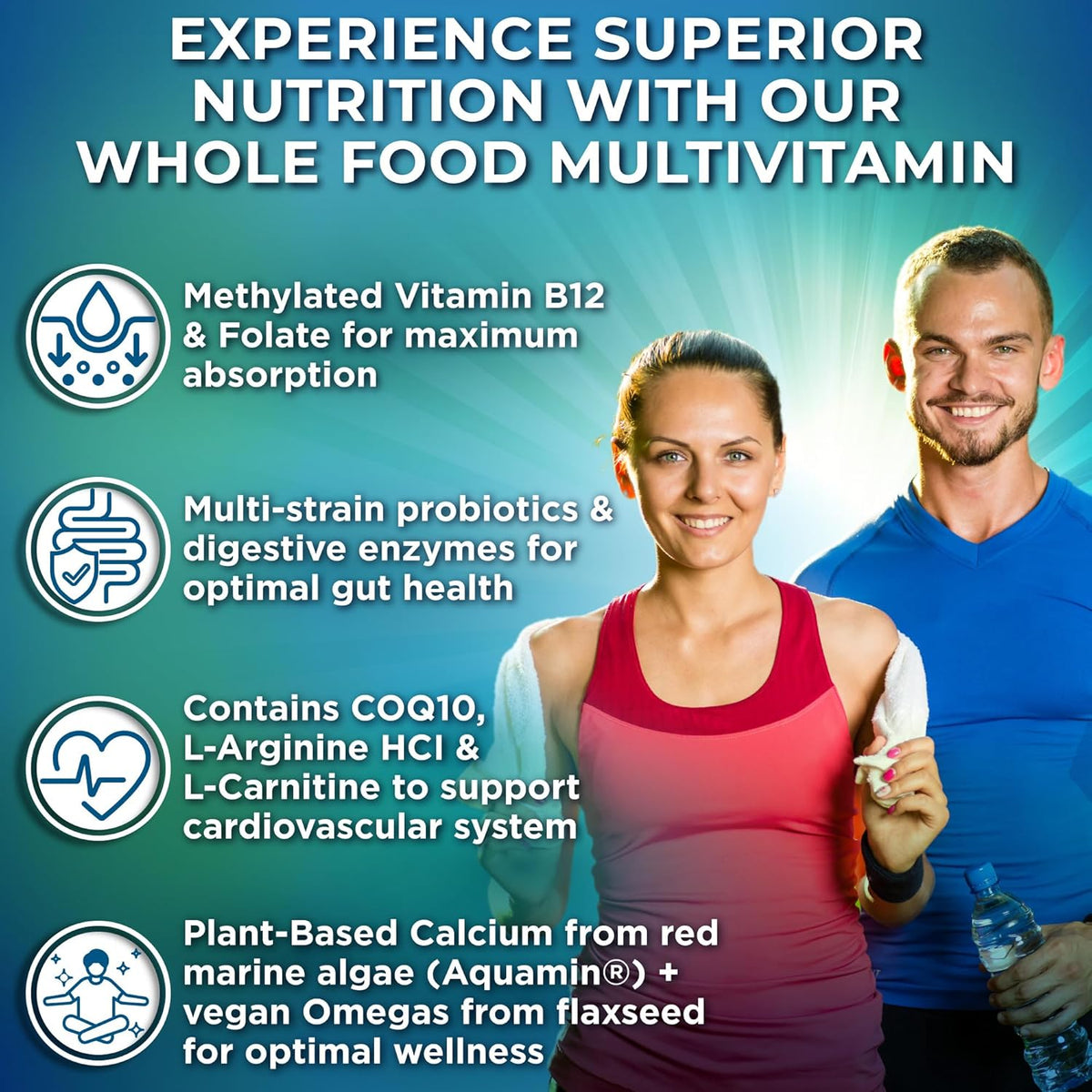 Vegan Whole Food Daily Multivitamin with Iron, Methylated Multivitamin for Women and Men, Made with Fruits & Vegetables, B-Complex, Probiotics, Enzymes, CoQ10, Omegas, Turmeric, Non-GMO, 90 Capsules - görsel 2