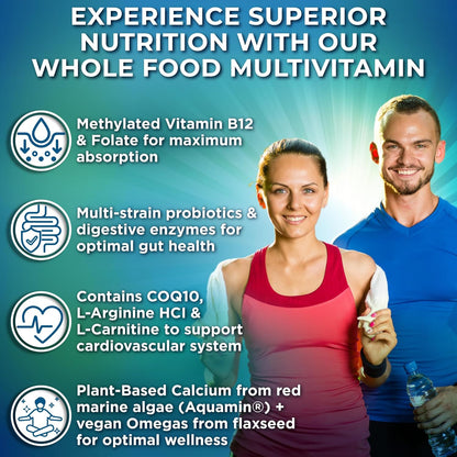 Vegan Whole Food Daily Multivitamin with Iron, Methylated Multivitamin for Women and Men, Made with Fruits & Vegetables, B-Complex, Probiotics, Enzymes, CoQ10, Omegas, Turmeric, Non-GMO, 90 Capsules