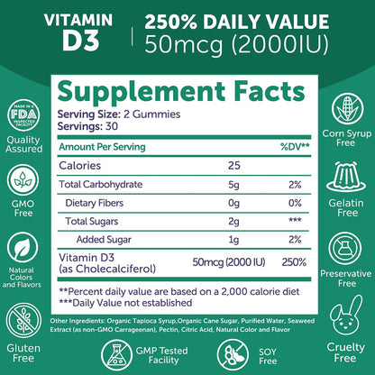Lunakai Vitamin D3 Gummies 2000 IU – Made in the USA – Non-GM, Gluten-Free – Bone, Immune & Muscle Support – 60 Gummies (Pack of 6)
