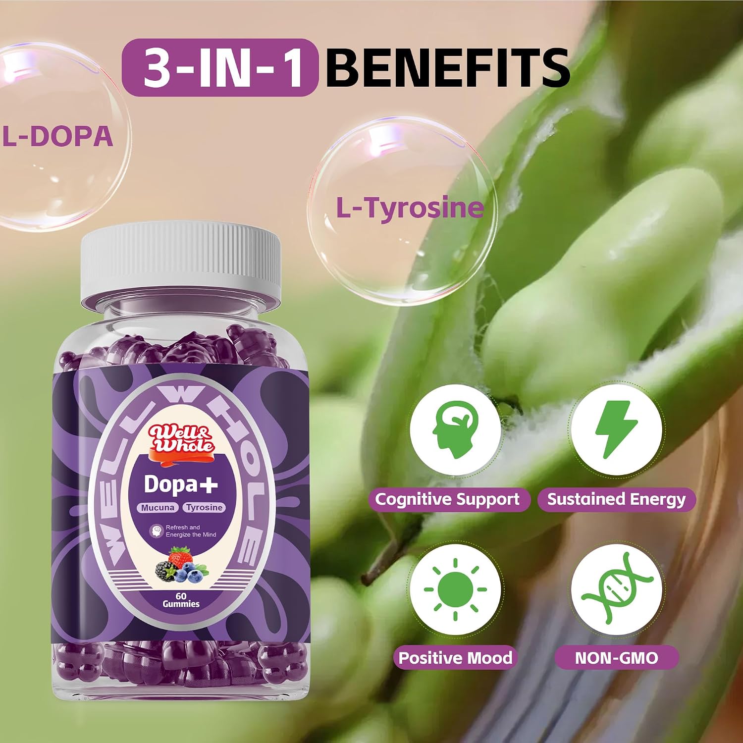 Well&Whole Dopamine Gummies - Mucuna Pruriens with L-Tyrosine & Ashwagandha, Berry Flavour, 60 Count - görsel 5