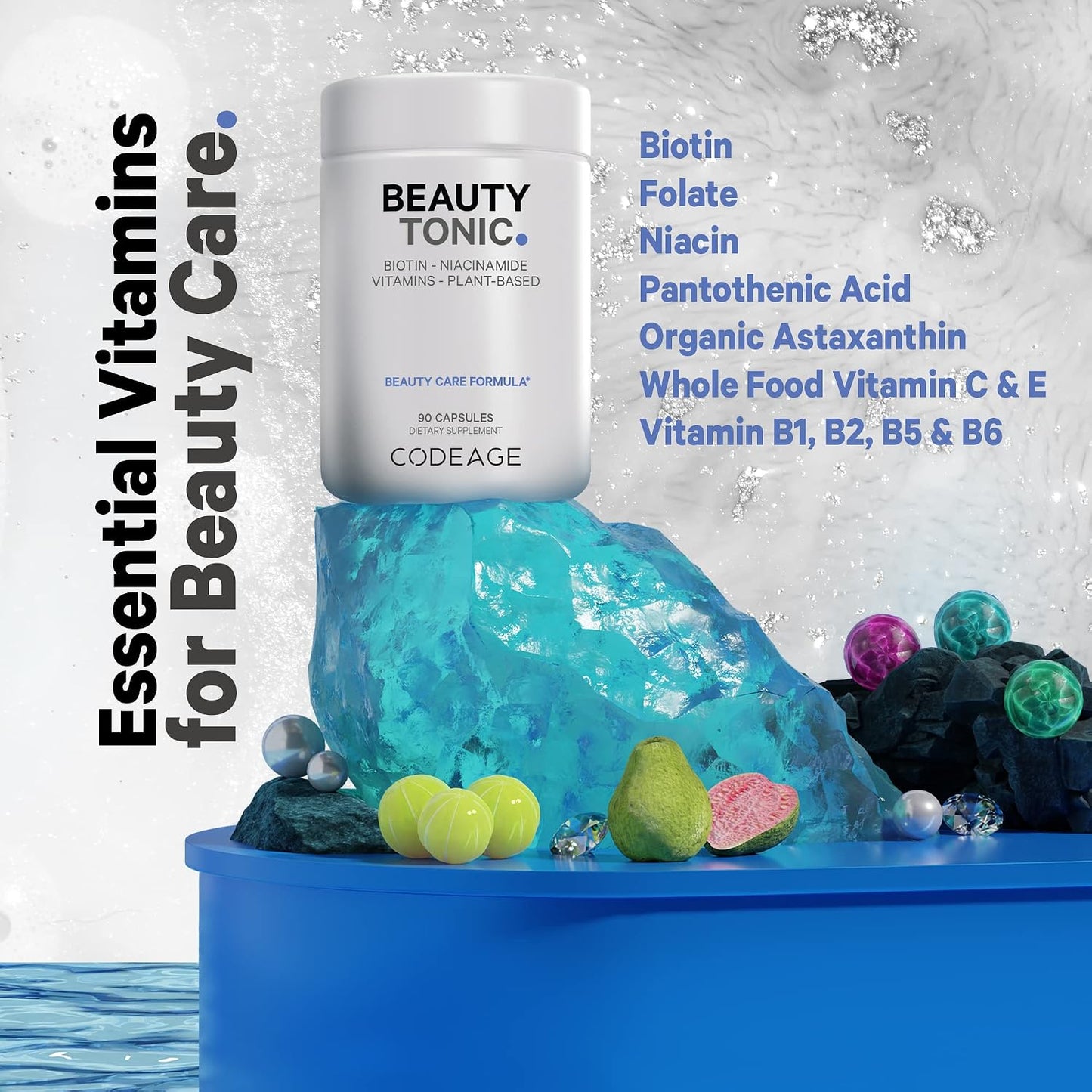 Codeage Beauty Tonic - Biotin Supplement with Vitamins C, E, B6 and Organic Food Blend - 90 Capsules - görsel 4