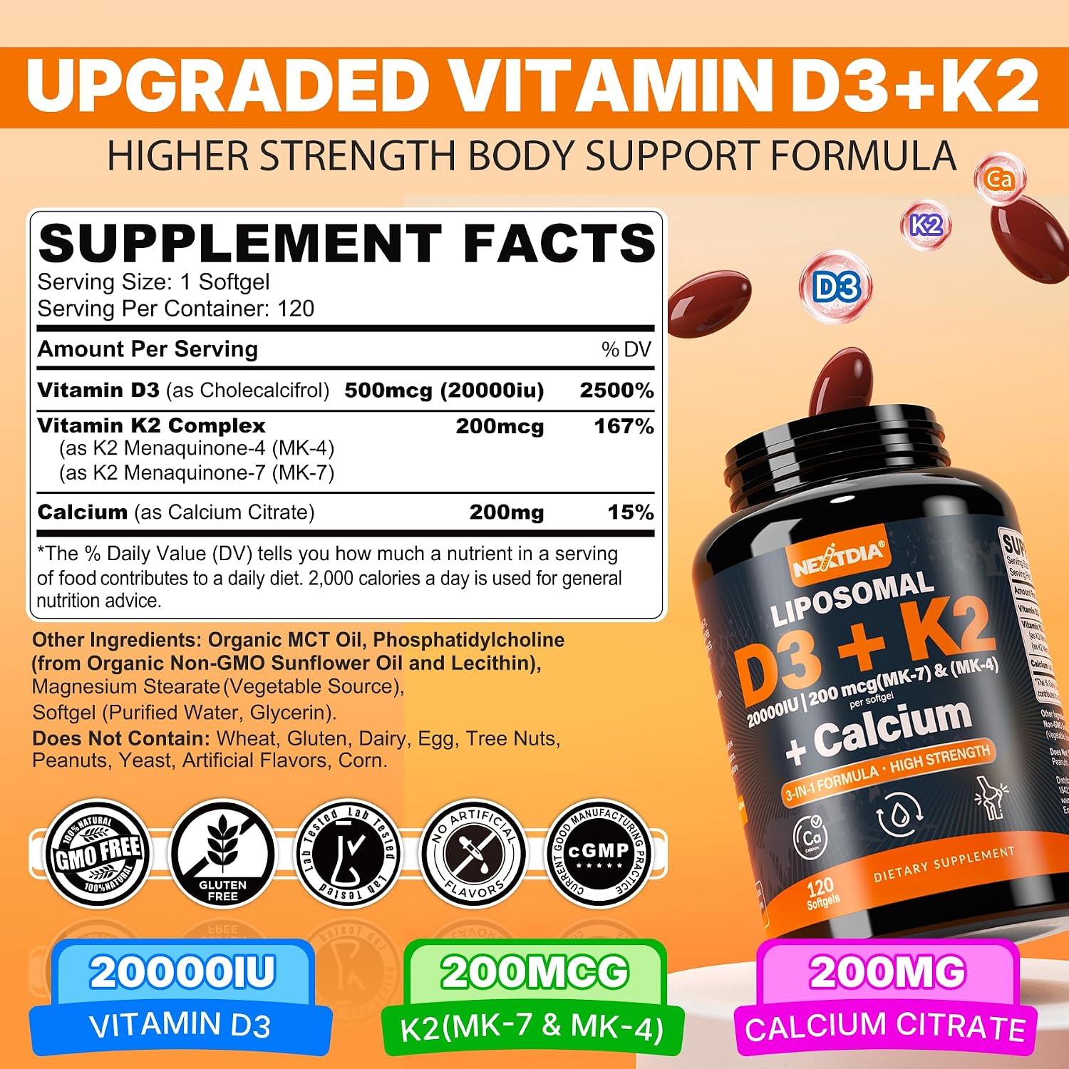 Nextdia Vitamin D3 20,000 IU + K2 (MK-4 & MK-7) with Calcium Citrate – Bone & Muscle Support, 240 Softgels (2 Pack) - görsel 3