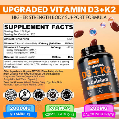 Nextdia Vitamin D3 20,000 IU + K2 (MK-4 & MK-7) with Calcium Citrate – Bone & Muscle Support, 240 Softgels (2 Pack)